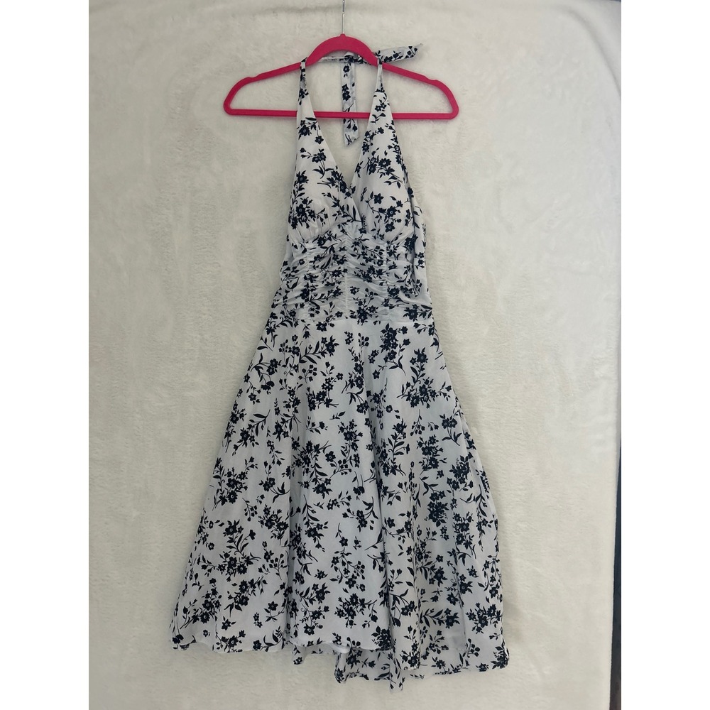 Madisonโ Leigh Petite Floral Halter Dress White Black Cotton Ruched 4P 240123